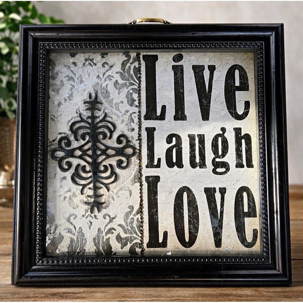 Framed “Live Laugh Love” Inspirational Wall Plaque, MDF Damask, Black/Gray